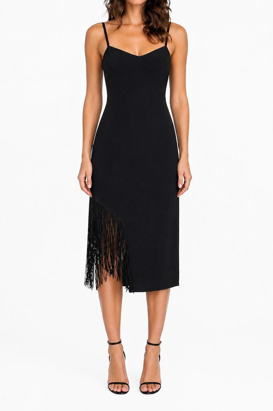 Dress the Population Black Rory Dress L Fringe Hem Spaghetti Strap Cocktail LBD